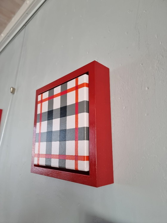 Image 1 of Œuvre d'art contemporaine moderne à carreaux écossais, faite à la main, 25x25