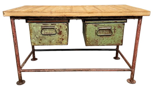 Red Industrial Worktable with Two Green Iron Drawers, 1960s