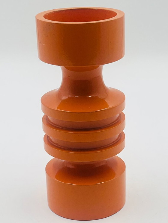 Image 1 of Oranje houten kandelaar uit de jaren zeventig