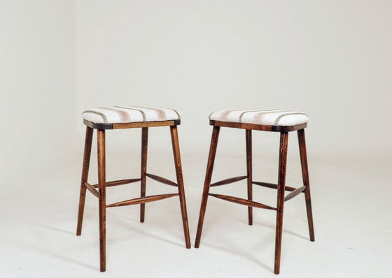 Image 1 of Bar stools set of 2 natural Linen and wood 