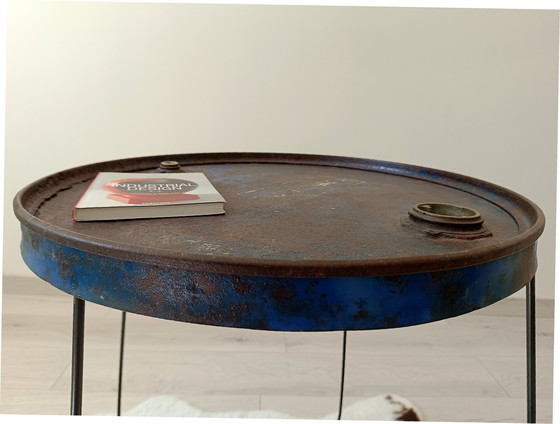 Image 1 of side table made from recycled drum -raw  & graphic design
