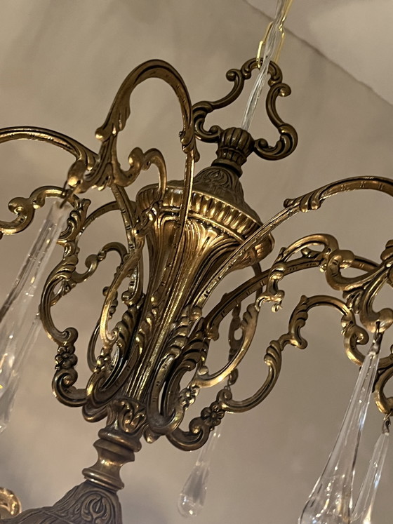 Vintage Bronze Art Nouveau Chandelier Opal Rods and Teardrop Pebbles – Crystal (photo 8 of 13)