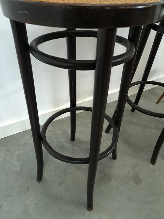 Image 1 of Set of 1950s wooden bar stools with webbing from France
