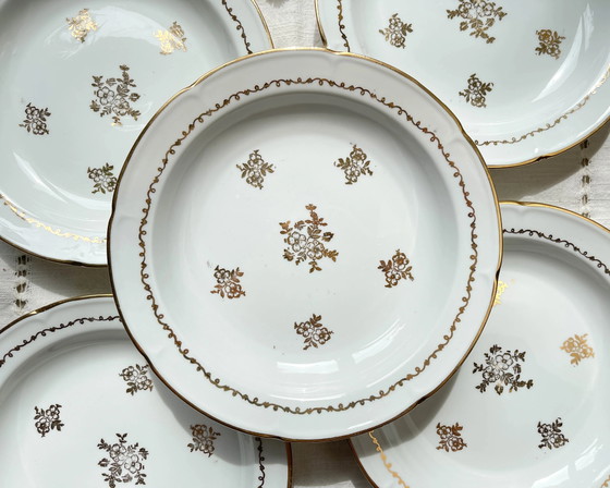 5 French Vintage Porcelain Deep Plates with Golden Flower Pattern Vierzon C.G – Crockery (photo 2 of 8)