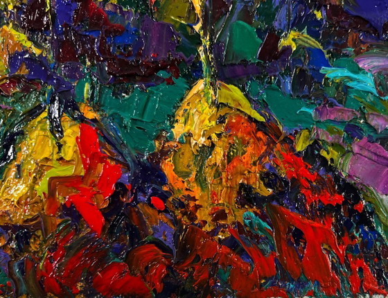 Image 1 of Original Oil Painting Summer Night Landscape Silence shining with a silver sky