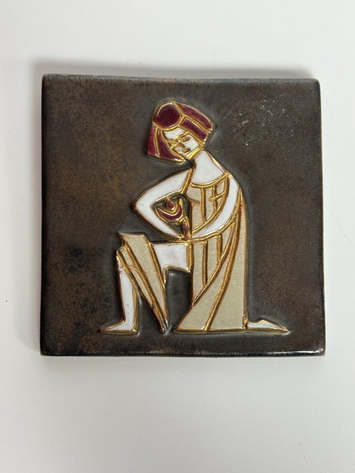 Small Square Ceramic Matte and High Gloss Glazed Tile with Greek Child, 1960s