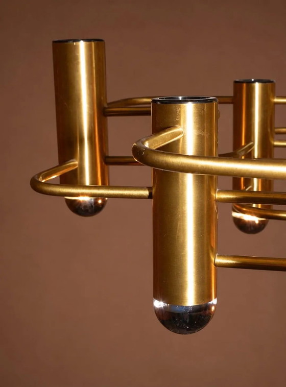 Gaetano Sciolari 9-Light Brass Chandelier, Geometric Mid-Century Semi-Flush Ceiling Light, c. 1970 – Space Age (photo 3 of 4)