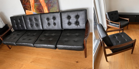 Rare Mid-Century Seating Group – Sofa & 2 Armchairs – Attributed to Sven Ellekær – Leather/Wood (photo 4 of 5)