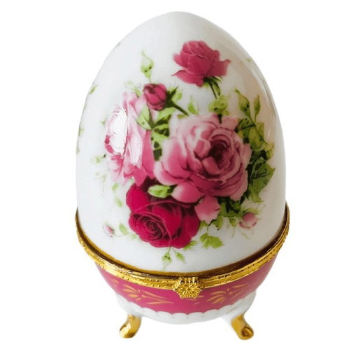 Vintage Schmuckkästchen in Eierform aus Porzellan, Limoges-Stil, florales Muster, goldenes Scharnier, 1980er (photo 2 of 10)