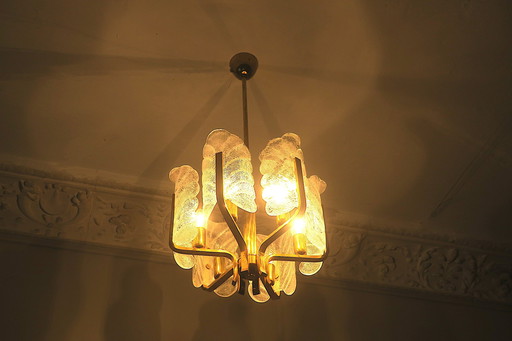 Acanthus Leaf Chandelier in Brass and Glass by Carl Fagerlund for Orrefors, 1960s