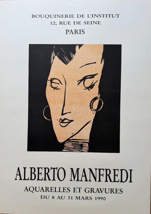 Alberto Manfredi - Aquarelles et Gravures, 1990, tentoonstellingsposter, Bouquinerie de L'Institut 12 Parijs