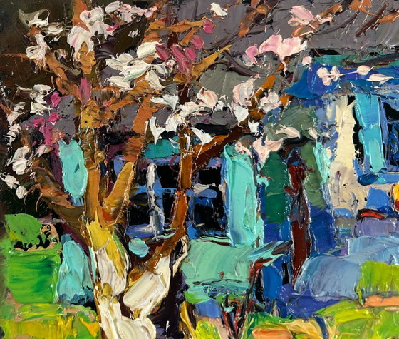 Image 1 of Original Oil Painting Summer House Landscape Silence and sun in the yard