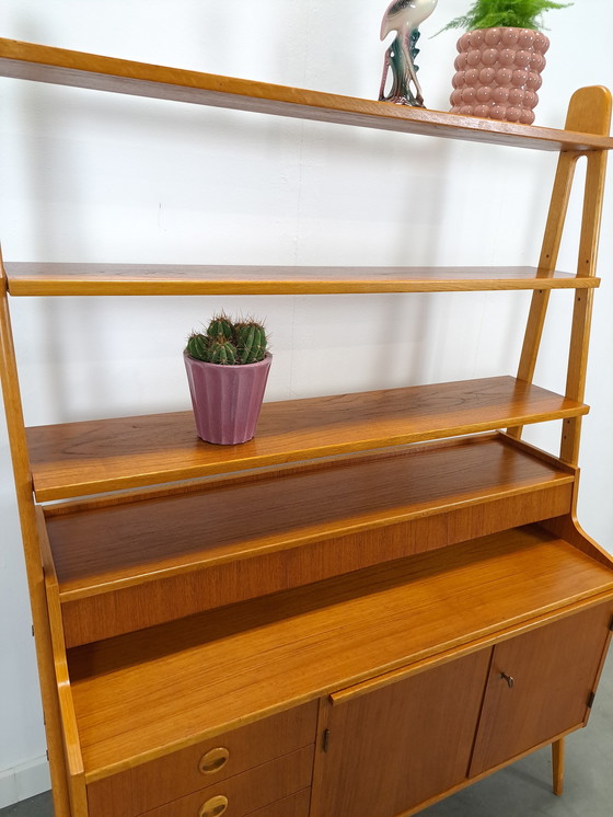 Image 1 of Teak Veneer Cabinet From Sweden With Drawers, Shelf And Extendable Shelf