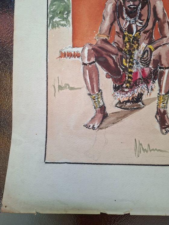 Image 1 of  Original Mangbetu Figure Watercolor– Attributed to Marie Louise Stradiot-Bougnet