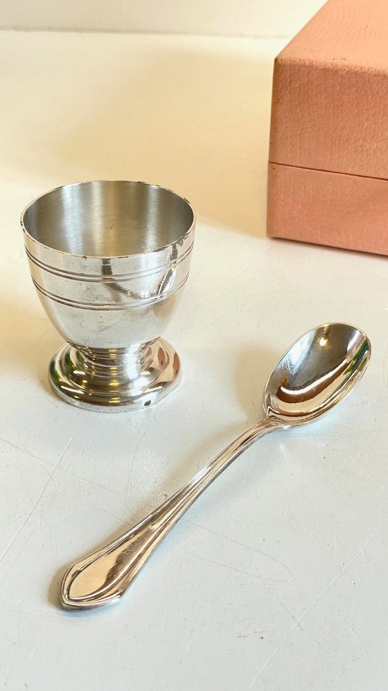 Image 1 of Vintage Silver-Plated Metal Egg Cup and Spoon for Birth