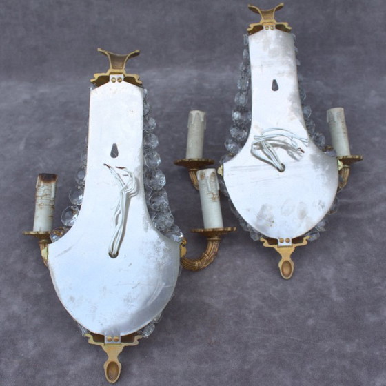 Image 1 of Antique set of 2 gilded brass sconces with crystal cutted drops romantic home decor from France