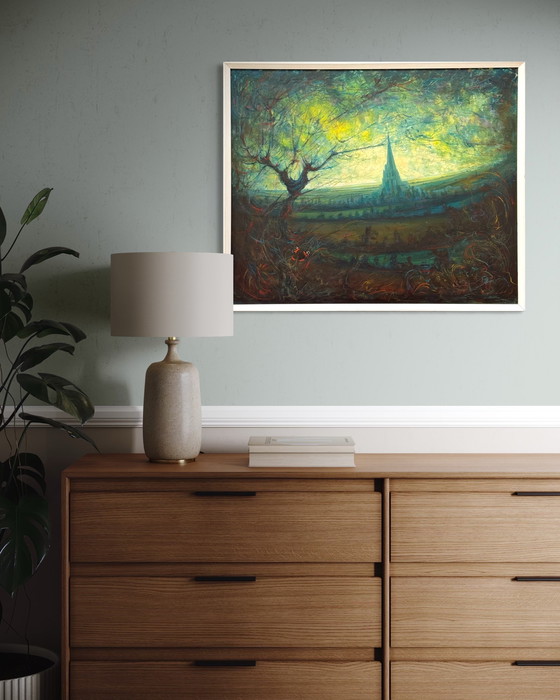 Image 1 of Ben Genaux (1911–1996, Belgio) - Paesaggio surreale con torre e farfalla, olio su tavola