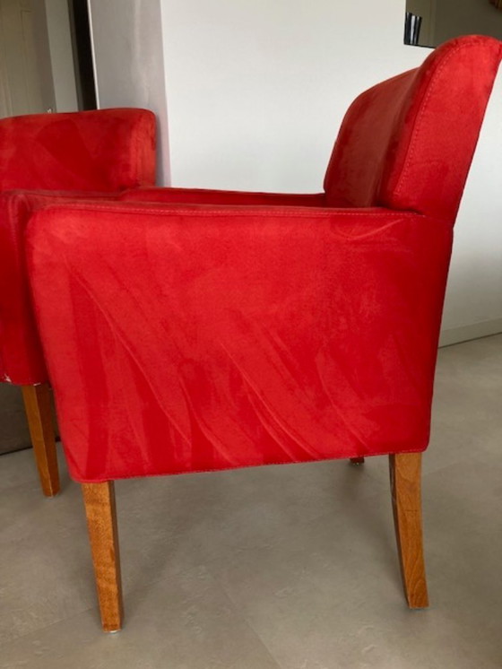 Image 1 of 2 sedie da pranzo in legno di ciliegio con tessuto rosso