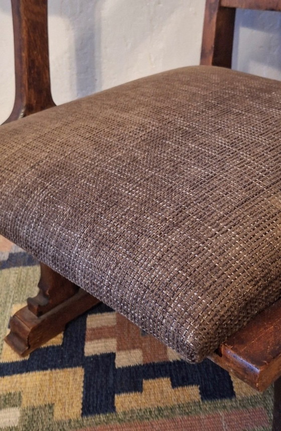 Antiker neugotischer Eichenholz-Armlehnstuhl aus den 1910er Jahren – Sessel, Textile, Wood (photo 10 of 11)