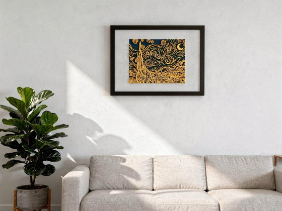 Image 1 of Notte stellata reinterpretata: bassorilievo scultoreo in movimento, opera d'arte da parete.