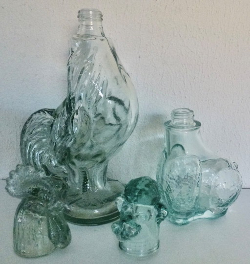 2x Vintage Glazen karaffen in de vorm van Hond en Haan.