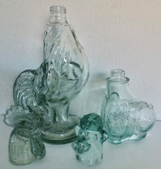 Image 1 of 2x Vintage Glazen karaffen in de vorm van Hond en Haan.