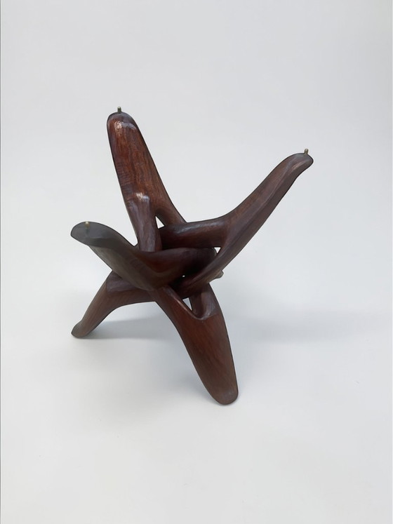 Image 1 of Table sculpturale vintage – Style Mid-Century / Piètement en bois naturel / Plateau en verre / Design affirmé