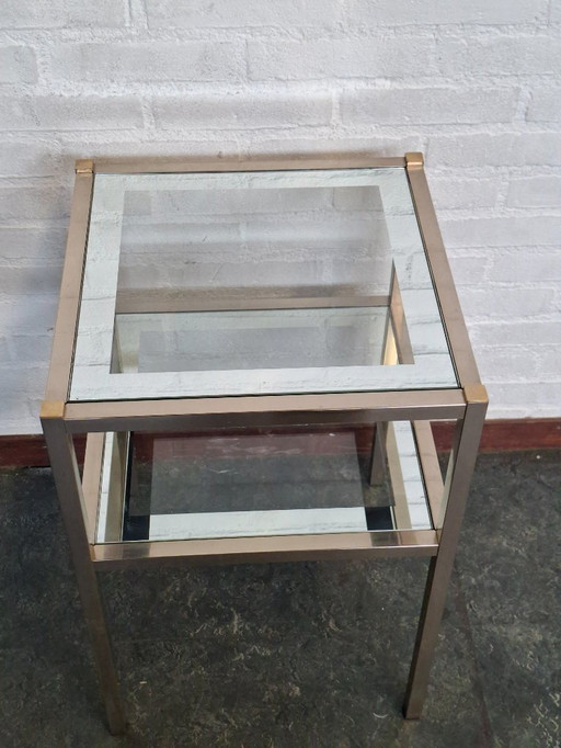 Hollywood Regency Brass Two-Tier Mirrored Side Table