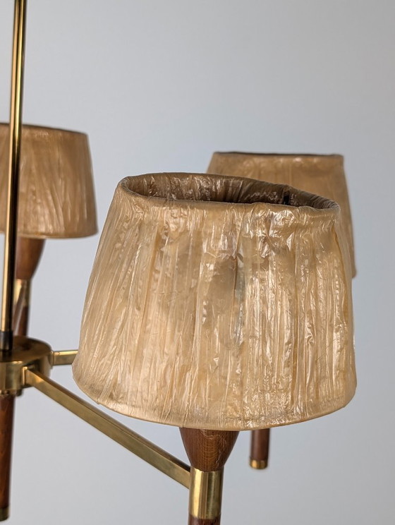 Image 1 of Danish Five-Arm Chandelier in Wood and Brass, 1950s