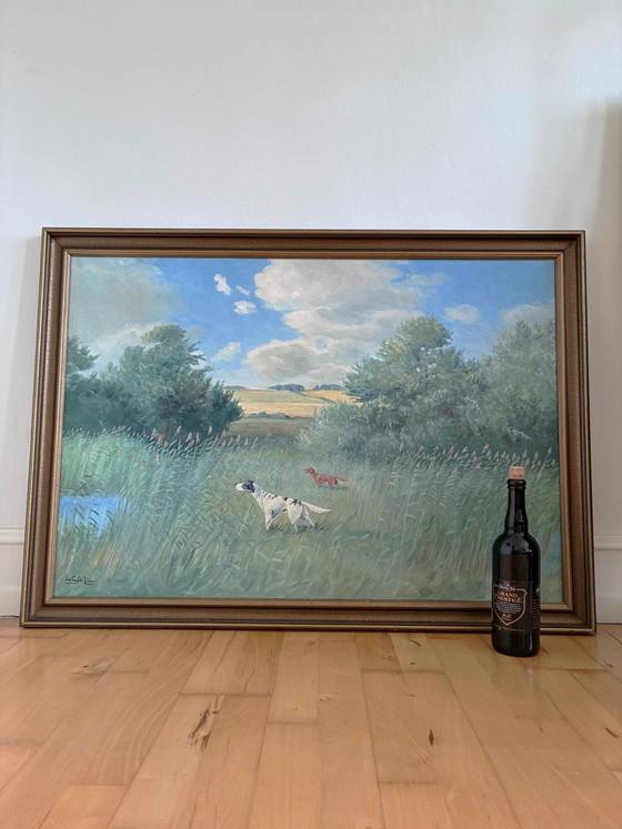 Image 1 of Grande peinture à l'huile originale vintage représentant un paysage avec un chien