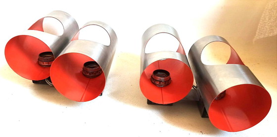 Image 1 of Paar doppelte orangefarbene Oxar Space Age Wandleuchten, 1970er Jahre