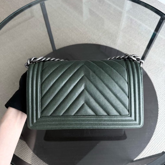 Image 1 of Chanel Boy Medium - Caviar 25CM Chevron Dark Green Ruthenium Silver Hardware Series 26