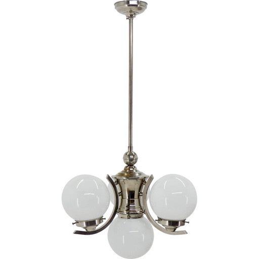 Vintage Art Deco kroonluchter in opaline glas met 4 vlammen, 1930