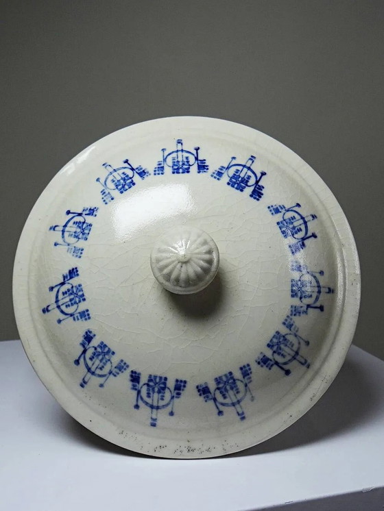 Vecchia casseruola in terraglia smaltata con decoro blu St Uze., Stoviglie, Porcellana, Art Deco (foto 10 di 13)