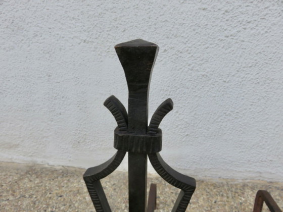 Image 1 of Hammered wrought iron andirons, French work in the style of Subes and Poillerat, 1940s-1950s