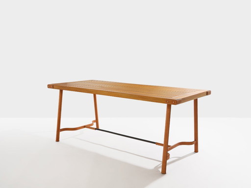 Jacques Adnet oakwood and red leather dining table 1950