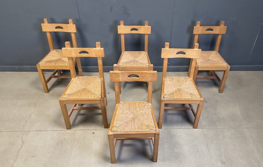 Vintage oak and wicker brutalist chairs, 1960s - set of 6