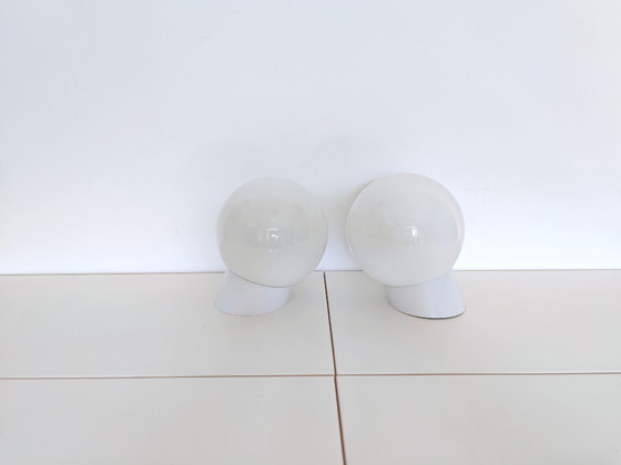 Image 1 of Vintage Wall Lamp / Set of 2 White Opal Globe Sconces/ Ceiling Light / Mid Century / Yugoslavia 1960's / Ceiling Light Cover