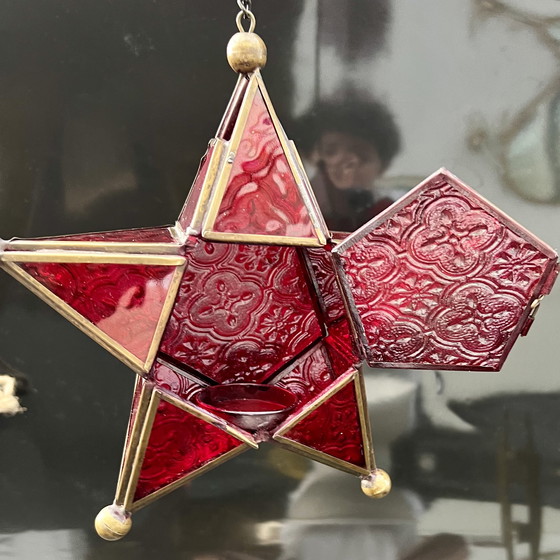 Image 1 of Handgemaakte glazen ster – Art Nouveau-geïnspireerde hanglantaarn, circa jaren 70