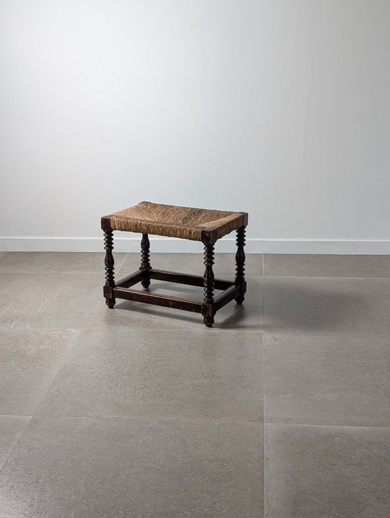 Image 1 of Spanish Provincial Bobbin-Turned Rush Bench, 1940s
