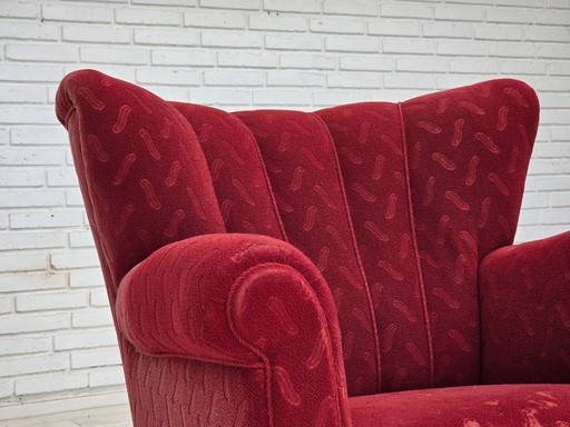 Fauteuil relax danois des années 1950, laine rouge pour meubles, bois de chêne.