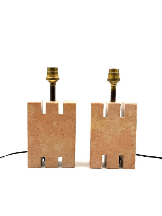 Image 1 of Juego de 2 lámparas de sobremesa de mármol rosa Hollywood regency, Francia años 70