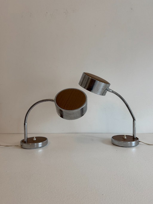 Pair of vintage adjustable table lamps, chromed metal and wood, France, 1970