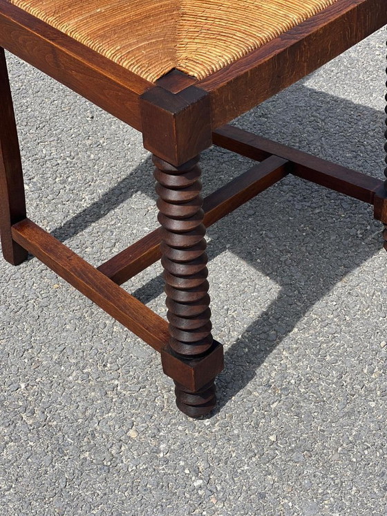 Image 1 of Set of bench and 2 chairs in solid oak and straw French work 1940