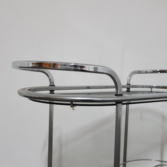 Image 1 of Stalen voedseltrolley met dubbele plank en gerookt glas, ontwerp uit de jaren 70