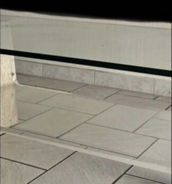 Image 1 of 70s glass and travertine coffee table