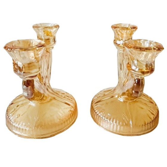 Image 1 of Vintage pair of Jeanette Carnival glass peach candlesticks art deco 1930s