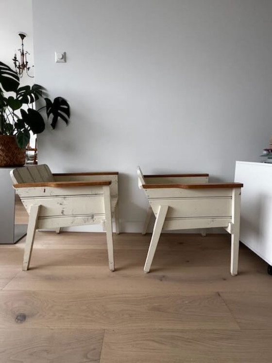 Image 1 of 2 low Piet Hein Eek bucket chairs/armchairs made of reclaimed wood, white
