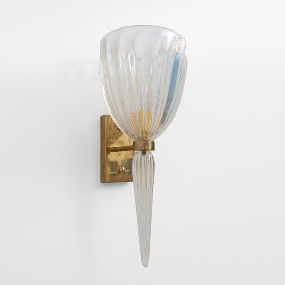 Image 1 of Pair of Italian Murano Iridescent Glass and Brass Wall Sconces