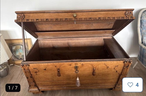 Antique oak blanket chest with secret drawers, 19th century